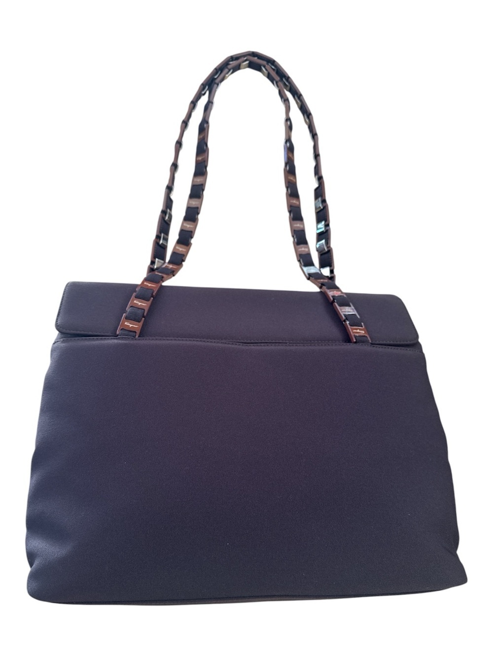 Salvatore Ferragamo Authentic Brown Nylon Shoulder Bag with Chain Strap 10x12x3 - Picture 4 of 17